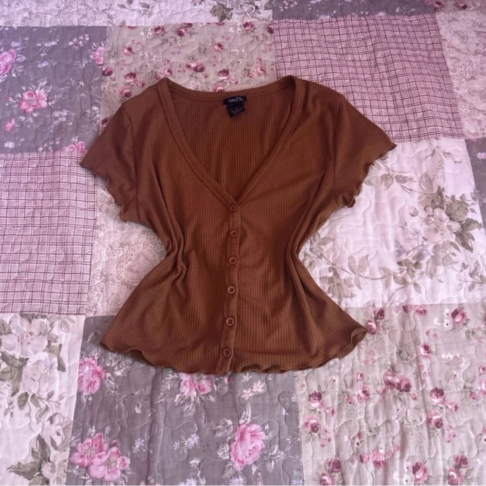 Brown Button Front Ribbed Top